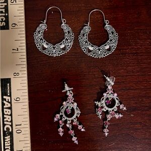 2 pr Indian Bollywood Dangle Chandelier Earrings Drop Silver Pink Boho Ethnic